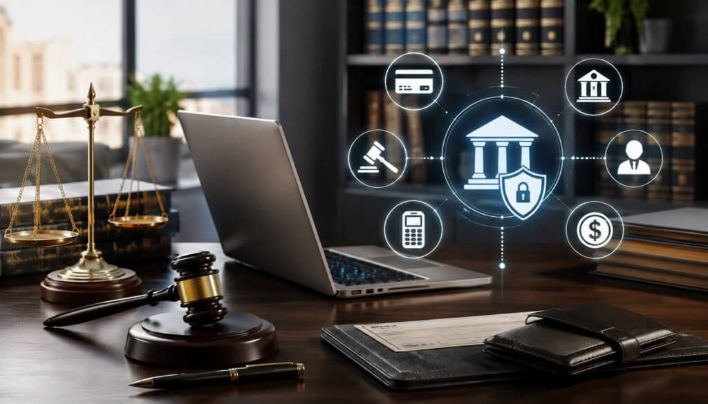 Law firm trust account payment processing with legal and secure payment icons