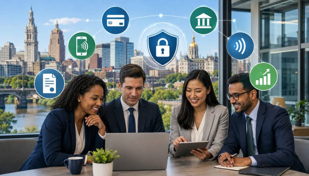 Hartford professionals using secure digital payment solutions in a modern office