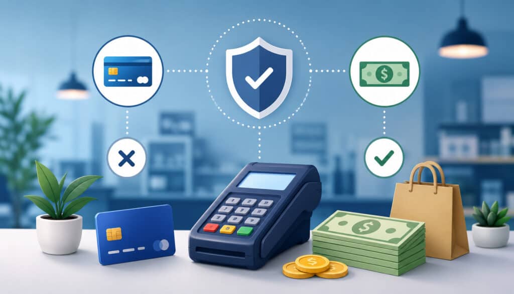 Compliant cash discount payment processing with POS terminal, cash, card, and security icons