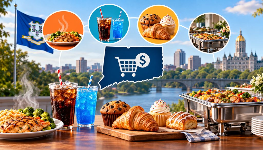Connecticut taxable food items including hot meals, fountain drinks, bakery goods, and catering